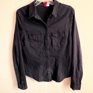 H&M Divided Black Denim Snap Front, Long Sleeved Shirt w/ Stitching, Sz. 12